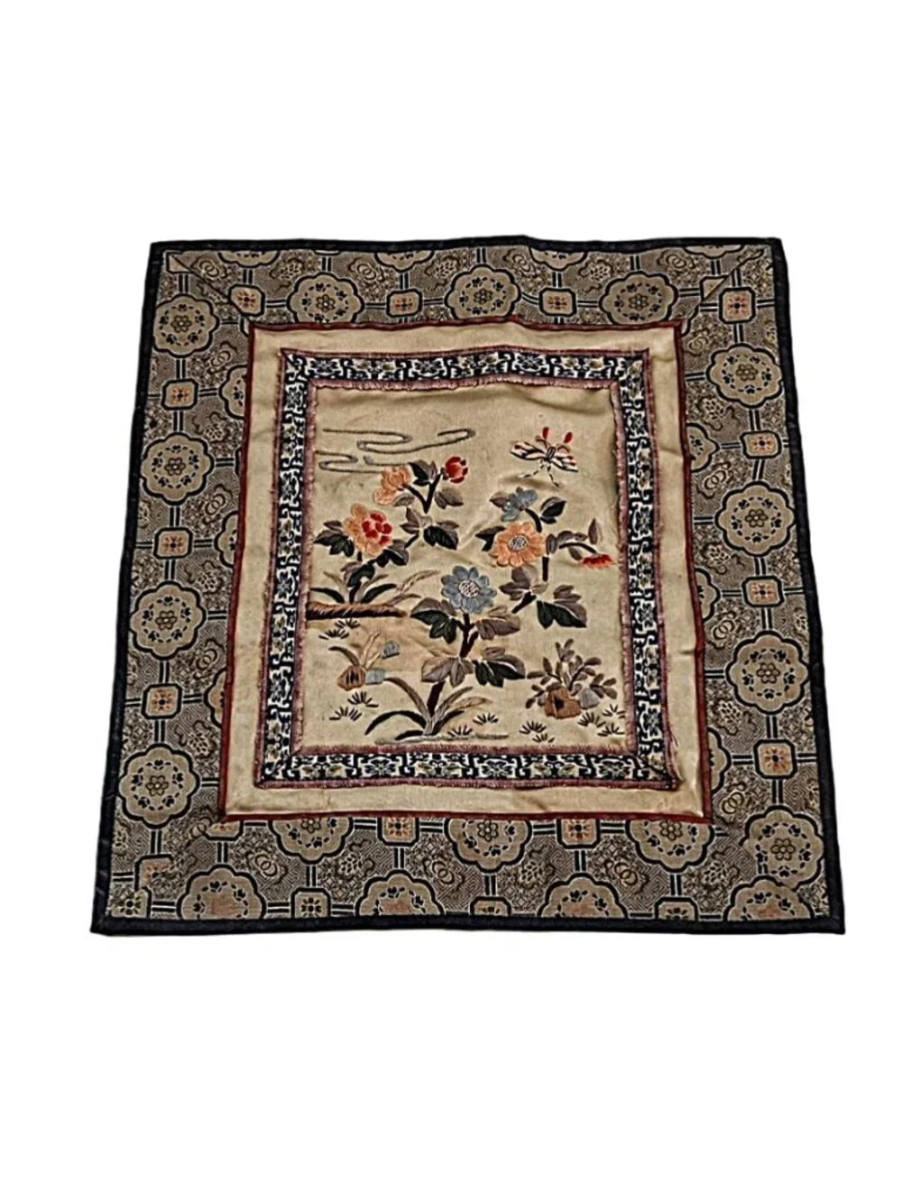 Vintage Chinese Silk Hand-Embroidered Dunhuang Butterfly Floral Tapestry 10”x11”